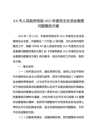 XX市人民政府党组2025年度民主生活会查摆问题整改方案