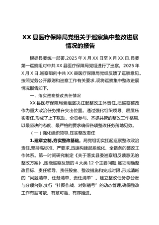 XX县医疗保障局党组关于巡察集中整改进展情况的报告