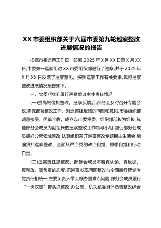 XX市委组织部关于六届市委第九轮巡察整改进展情况的报告