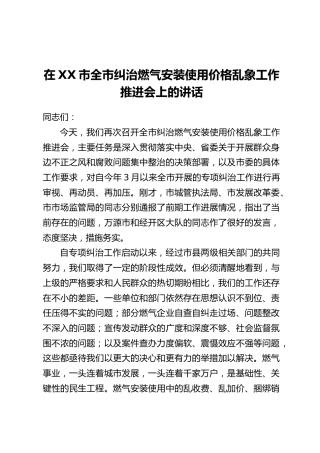 在XX市全市纠治燃气安装使用价格乱象工作推进会上的讲话