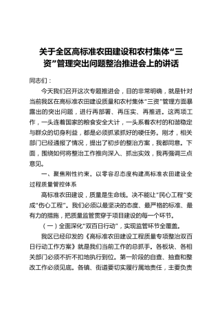 关于全区高标准农田建设和农村集体“三资”管理突出问题整治推进会上的讲话