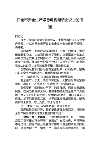 在全市安全生产紧急电视电话会议上的讲话