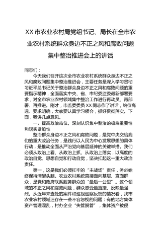XX市农业农村局党组书记、局长在全市农业农村系统群众身边不正之风和腐败问题集中整治推进会上的讲话