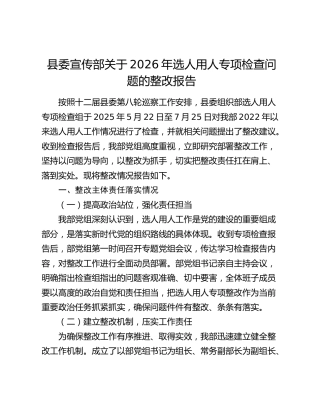 县委宣传部关于2026年选人用人专项检查问题的整改报告