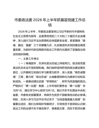 市委政法委2026年上半年抓基层党建工作总结