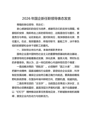 2026年国企新任职领导表态发言