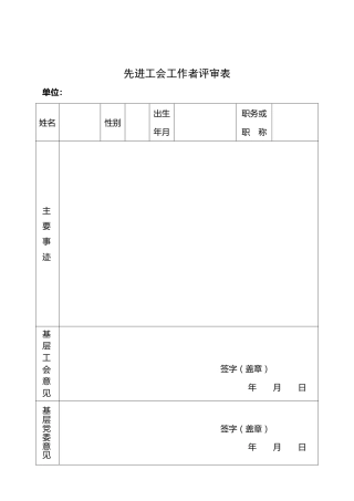 工会表格：先进工会工作者评审表