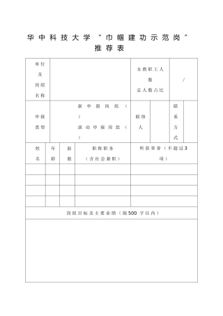 工会表格：华中科技大学“巾帼建功示范岗”推荐表