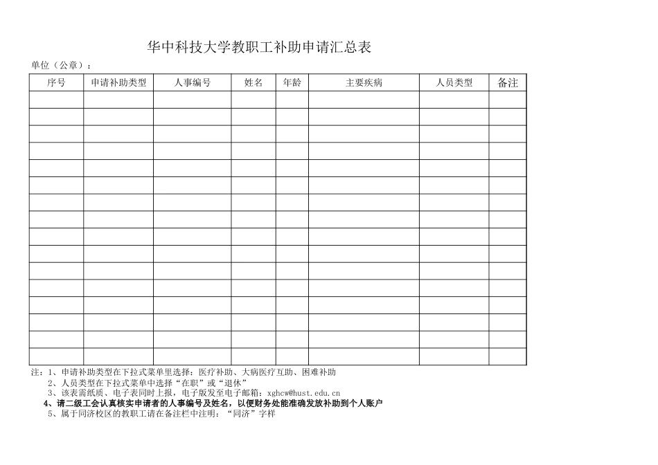 工会表格：附件2 华中科技大学教职工补助申请汇总表_第1页
