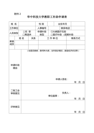 工会表格：附件1  华中科技大学教职工补助申请表