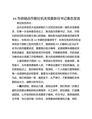 xx市供销合作联社机关党委新任书记表态发言