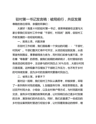 驻村第一书记发言稿：破局前行，共促发展
