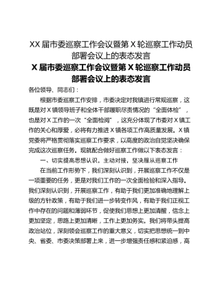 XX届市委巡察工作会议暨第X轮巡察工作动员部署会议上的表态发言
