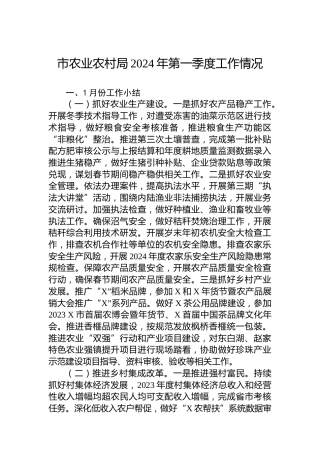 市农业农村局2024年第一季度工作情况