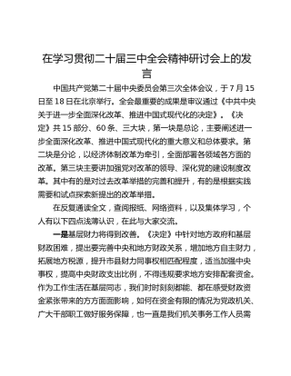 在学习贯彻二十届三中全会精神研讨会上的发言
