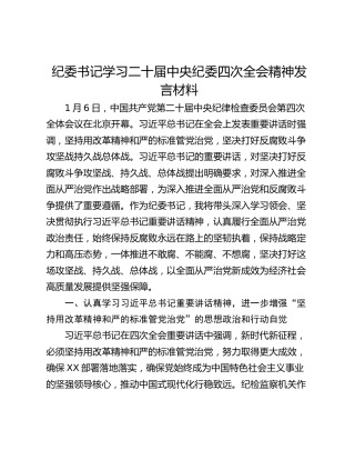 纪委书记学习二十届中央纪委四次全会精神发言材料