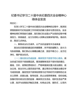 纪委书记学习二十届中央纪委四次全会精神心得体会发言