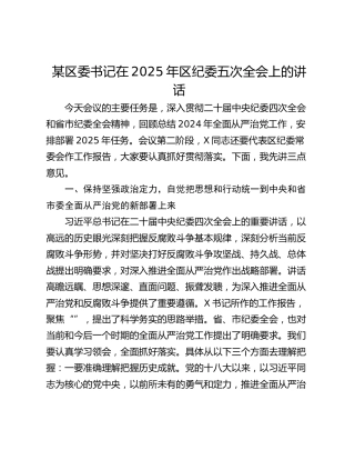 某区委书记在2025年区纪委五次全会上的讲话