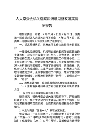 人大常委会机关巡察反馈意见整改落实情况报告
