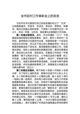 全市驻村工作表彰会上的发言