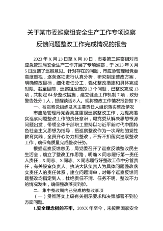 关于某市委巡察组安全生产工作专项巡察反馈问题整改工作完成情况的报告