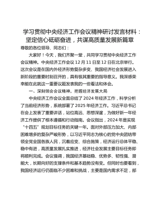 学习贯彻中央经济工作会议精神研讨发言材料：坚定信心砥砺奋进，共谋高质量发展新篇章