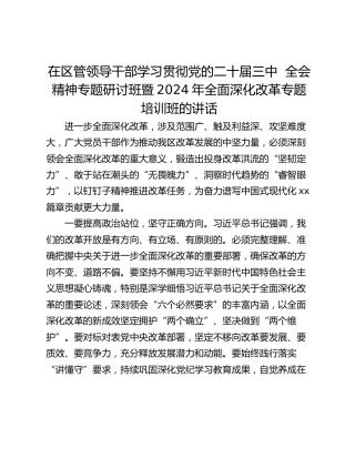 在区管领导干部学习贯彻党的二十届三中  全会精神专题研讨班暨2024年全面深化改革专题培训班的讲话