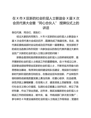 在X市X区新的社会阶层人士联谊会 X届X次会员代表大会暨“同心合伙人” 授牌仪式上的讲话