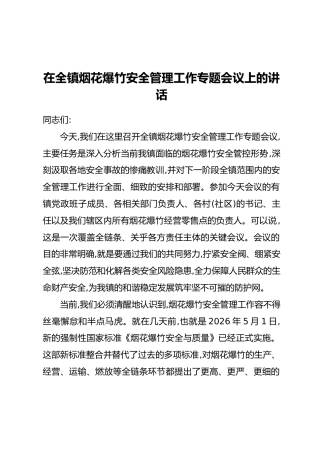 在全镇烟花爆竹安全管理工作专题会议上的讲话