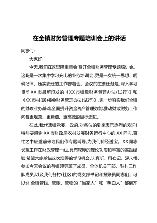 在全镇财务管理专题培训会上的讲话