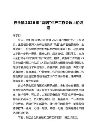 在全镇2026年“两烟”生产工作会议上的讲话