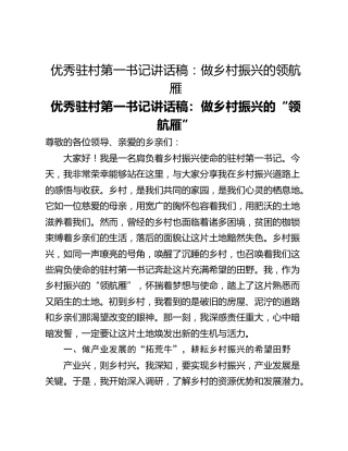 优秀驻村第一书记讲话稿：做乡村振兴的领航雁