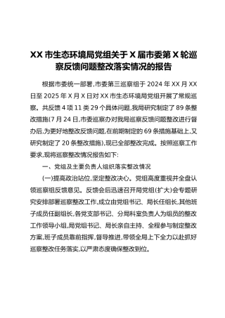 XX市生态环境局党组关于X届市委第X轮巡察反馈问题整改落实情况的报告