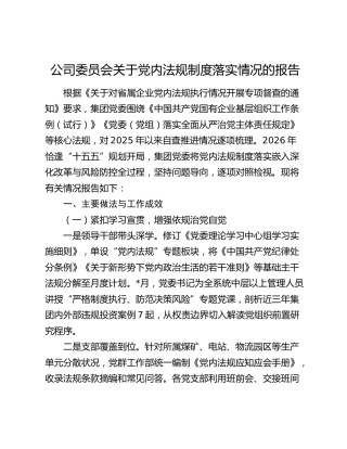 公司委员会关于党内法规制度落实情况的报告