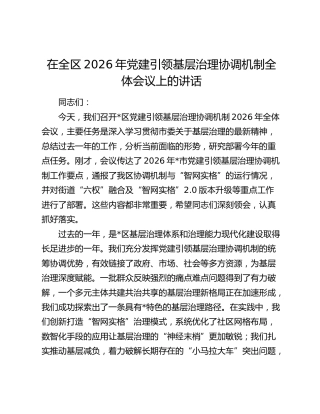 在全区2026年党建引领基层治理协调机制全体会议上的讲话