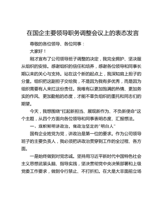 在国企主要领导职务调整会议上的表态发言