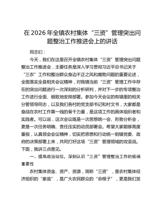 在2026年全镇农村集体“三资”管理突出问题整治工作推进会上的讲话