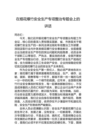 在烟花爆竹安全生产专项整治专题会上的讲话