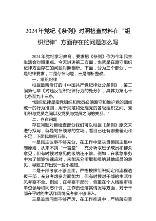 2024年《条例》对照检查材料在“组织纪律”方面存在的问题怎么写