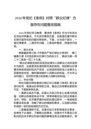 2024年《条例》对照“群众纪律”方面存在问题整改措施