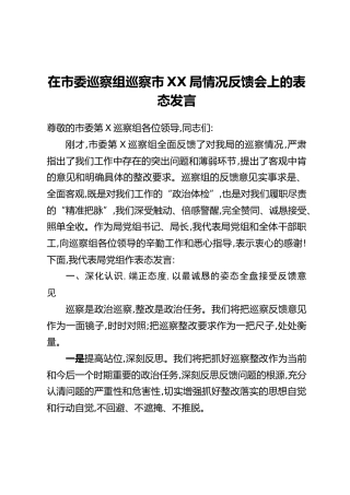在市委巡察组巡察市XX 局情况反馈会上的表态发言