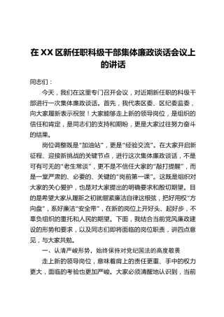 在XX区新任职科级干部集体廉政谈话会议上的讲话