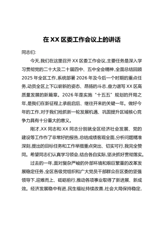 在XX区委工作会议上的讲话