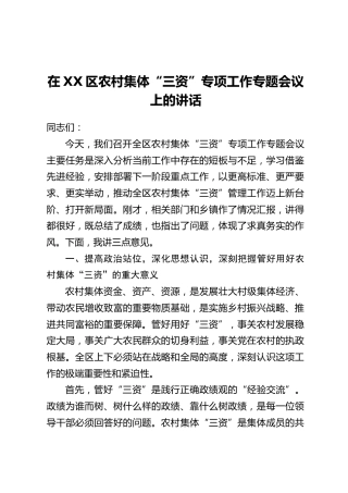 在XX区农村集体“三资”专项工作专题会议上的讲话