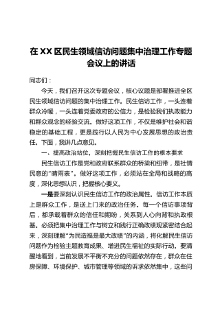 在XX区民生领域信访问题集中治理工作专题会议上的讲话
