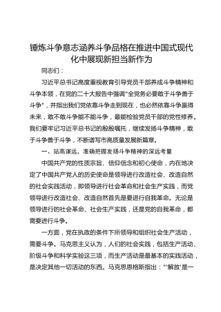 党课讲稿：锤炼斗争意志涵养斗争品格在推进中国式现代化中展现新担当新作为
