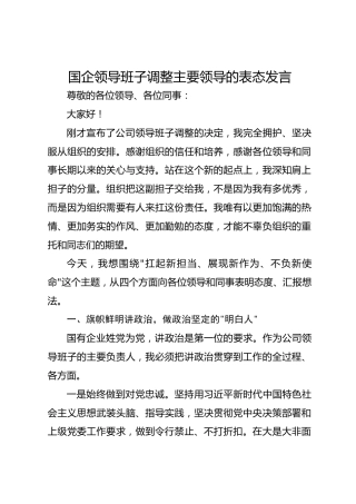 国企领导班子调整主要领导的表态发言