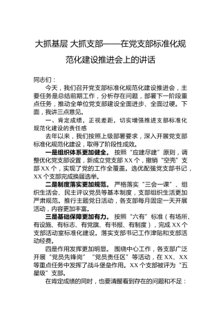 大抓基层大抓支部——在党支部标准化规范化建设推进会上的讲话