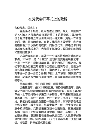 在党代会开幕式上的致辞