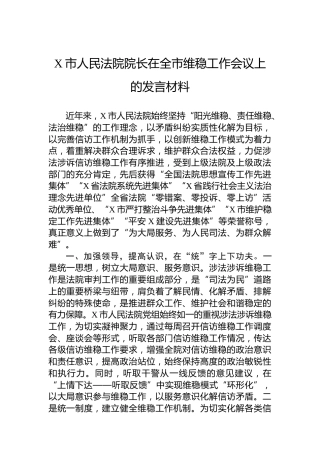 X市人民法院院长在全市维稳工作会议上的发言材料